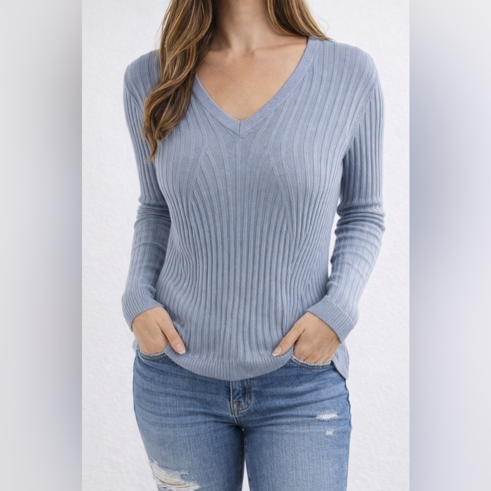 Evolution Blue Ribbed V Neck Sweater Womens Large Long Sleeve Lightweight
